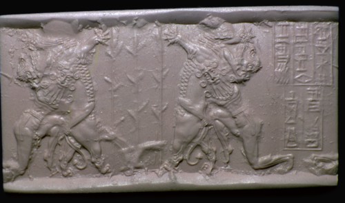 Akkadian cylinder-seal impression of Gilgamesh and a Lion. Artist: Unknown
