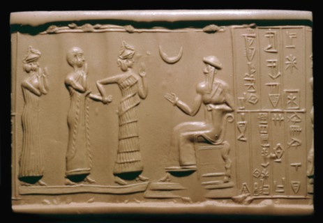Sumerian cylinder-seal impression depicting a governor being introduced to the king. Artist: Unknown