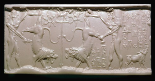 Akkadian cylinder-seal impression of a hero fighting a lion. Artist: Unknown