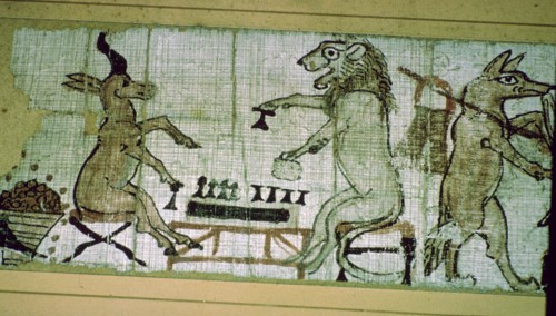 Detail from the Egyptian 'satirical papyrus' of a lion and a unicorn playing a board game. Artist: Unknown