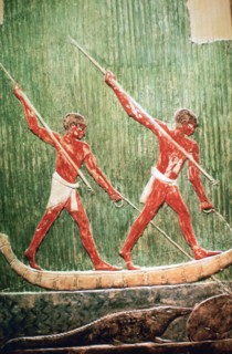 Egyptian painted relief of a hippopotamous hunt. Artist: Unknown