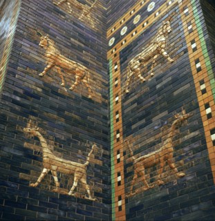 Moulded bricks from the Ishtar Gate showing lions and mushrushu, 7th century BC Artist: Unknown