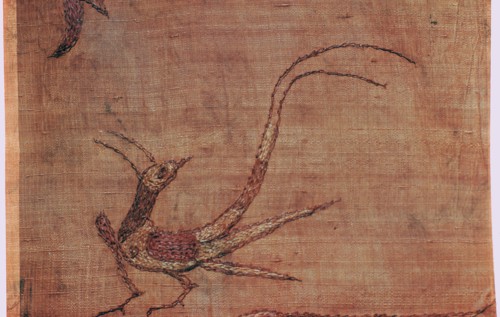 Detail of a Chinese embroidered silk tussore with a phoenix from a Scythian tomb. Artist: Unknown