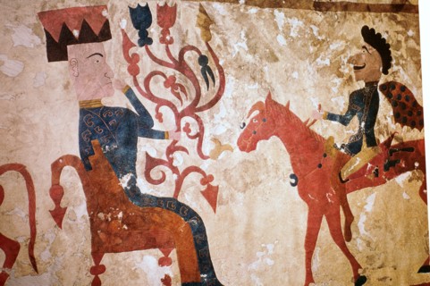 Detail of a horseman and seated man from felt Scythian wall-hanging. Artist: Unknown