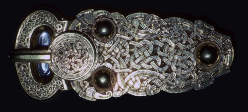 Gold belt buckle fom the ship-burial at Sutton Hoo, Suffolk, early 7th century.