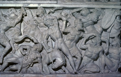 Frieze showing Roman soldiers fighting barbarians. Artist: Unknown