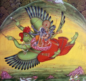 Painting of Vishnu and his consort Lakshmi riding on the bird-god Garuda. Artist: Unknown