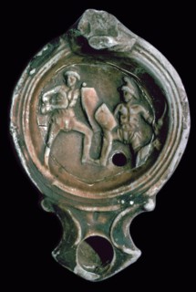 Roman clay lamp decorated with gladiators, 3rd century. Artist: Unknown