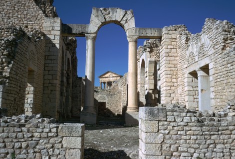 Distant Roman capitol of Dougga seen through an arch, 2nd century. Artist: Unknown