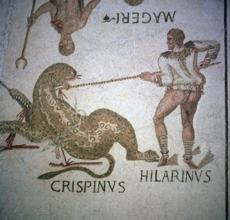 Roman mosaic of performers killing a leopard at a spectacle, 3rd century. Artist: Unknown