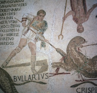 Roman mosaic of performers killing a leopard at a spectacle, 3rd century. Artist: Unknown