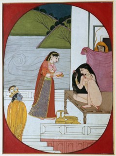 Painting of the god Khrishna watching Radha at her bath, 19th century. Artist: Unknown