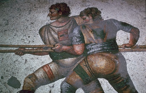 Detail of a floor mosaic in the Great Palace in Istanbul showing hunters, 6th century. Artist: Unknown