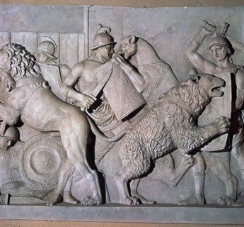 Roman relief of gladiators fighting wild beasts., 1st century. Artist: Unknown