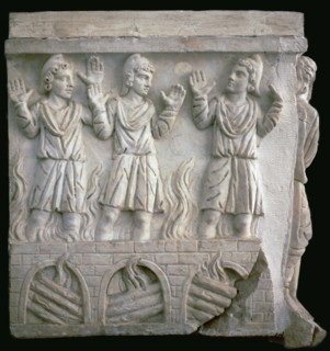 Depiction of Shadrach, Meshach, and Abednego in the fiery furnace. Artist: Unknown