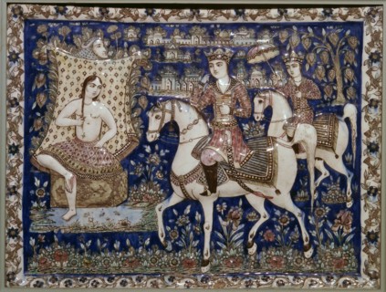 Persian tile depcting Kushrau seeing Shirin bathing, 19th century. Artist: Unknown