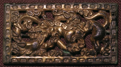Chinese bronze belt-buckle with animals in combat, 5th century BC. Artist: Unknown