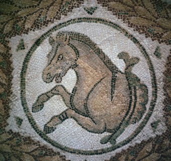 Detail of a Roman mosaic showing the head of a horse, 4th century. Artist: Unknown