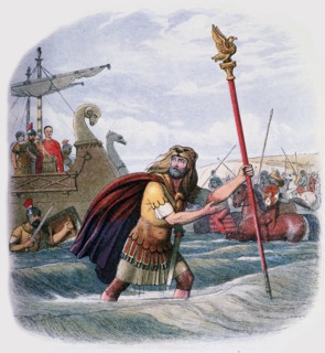 Illustration of the Romans landing in Britain, 19th century. Artist: Unknown