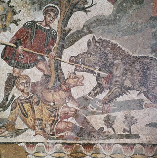 Detail of a Roman floor mosaic showing a boar hunt, 3rd century. Artist: Unknown