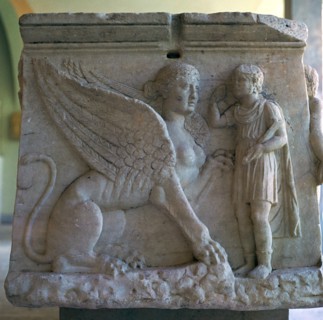 Oedipus and the Sphinx on a Greek sarcophagus. Artist: Unknown
