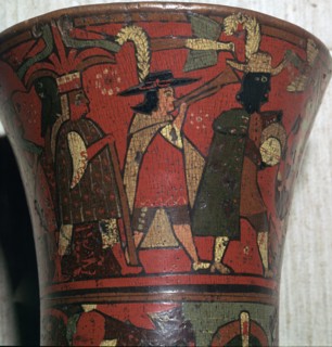 Incan beaker showing Spaniards and Peruvians, c.17th century. Artist: Unknown