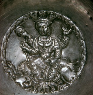Sassanian dish showing a goddess seated on a lion. Artist: Unknown