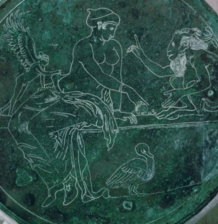 Close-up of a Greek bronze mirror-back. Artist: Unknown