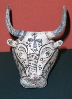 Mycenaean pottery rhyton in the shape of a Bull's Head, 14th century BC. Artist: Unknown