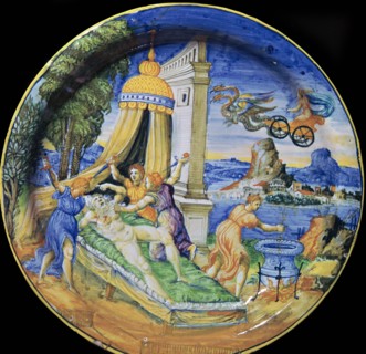 Italian earthenware plate showing Pelias being killed by his daughters, 16th century. Artist: Francesco Durantino