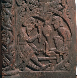 Regin the smith forging the sword of Sigurd's father, 12th-13th century. Artist: Unknown