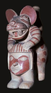 Mochica stirrup-spout vessel of a male figure with a jaguar's head, 3rd century. Artist: Unknown