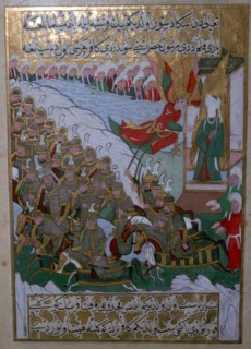 Islamic illustration of the Archangel Gabriel helping the armies of Muhammed. Artist: Unknown