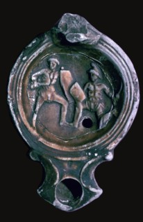 Roman clay lamp with design of gladiators, 3rd century. Artist: Unknown
