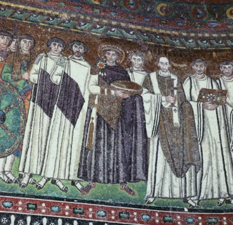 Mosaic of the Emperor Justinian and his court, 6th century. Artist: Unknown