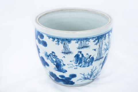 Deep blue and white fish bowl of sages in bamboo grove, 1630-1650. Artist: Unknown.