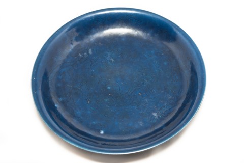 Deep blue dish with carved dragon design, 1522-1566. Artist: Unknown.