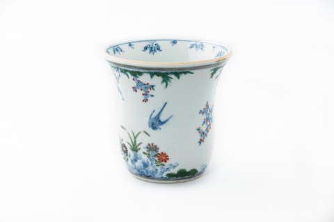 Beaker with underglaze blue birds, grasses and flowers, 1660-1677. Artist: Unknown.