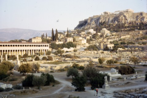 Agora, Stoa of Attalos and Acropolis, Athens, Evening, c20th century. Artist: Unknown.