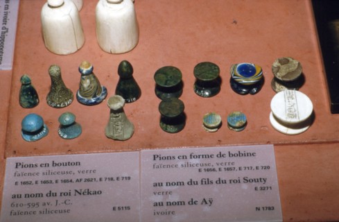 Faience, Glass and Ivory Playing Pieces from Egyptian Tombs, circa 1500 BC. Artist: Unknown.