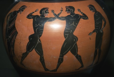 Greek Vase,  Black-figure Amphora depicting Boxing Scene, c6th century BC. Artist: Unknown.
