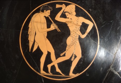 Drinking Cup, (Kylix) of Girl Dancing with Youth Playing Flute, Attic, c510 BC Artist: Epikektos.