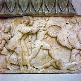 Greek relief detail, Battle of Gods and Giants, Apollo and Artemis fight, 525BC.  Artist: Unknown.