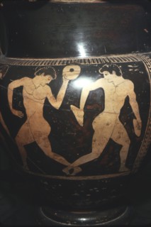 Greek Vase painting, Athletes with jumping-weights, found in Etruscan burial, c6th century BC.
