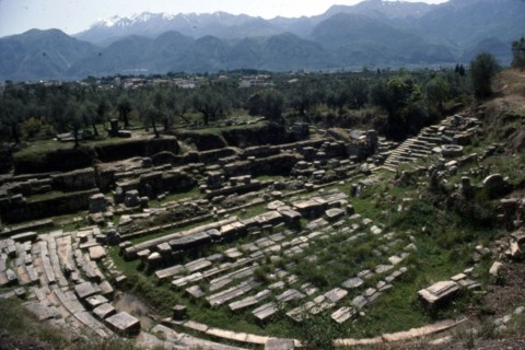 Theatre of ancient Sparta (Lakedaimon) with Mt Taygetus beyond, c20th century.  Artist: CM Dixon.