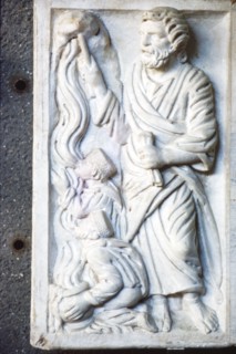 Moses strikes the Rock, for water in the desert,  Early Christian Sarcophagus, c4th century. Artist: Unknown.