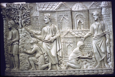 Moses Strikes the Rock, and Christ in the Garden, early Christian Sarcophagus, 4th century.  Artist: Unknown.