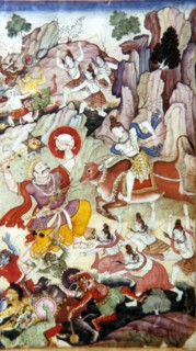 Siva Destroys the Demon and Haka, Harivamsa manuscript, Mughal School, c1590. Artist: Unknown.