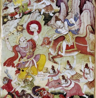 Siva destroys the demon Andhaka, Harivamsa manuscript, Mughul, c1590. Artist: Unknown.