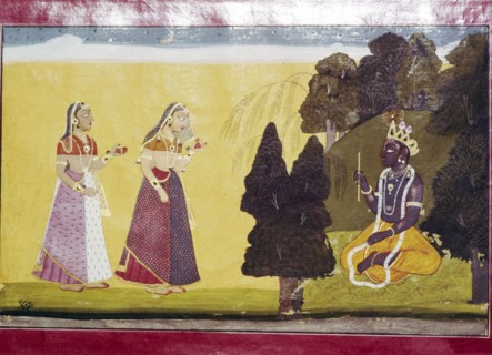 Krishna with flute, approached by two ladies. Artist: Unknown.
